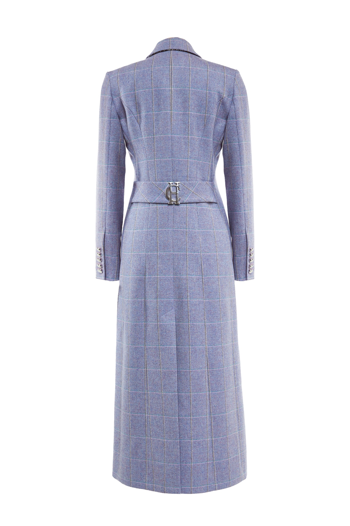 back of womens purple, grey and blue check single breasted full length wool coat