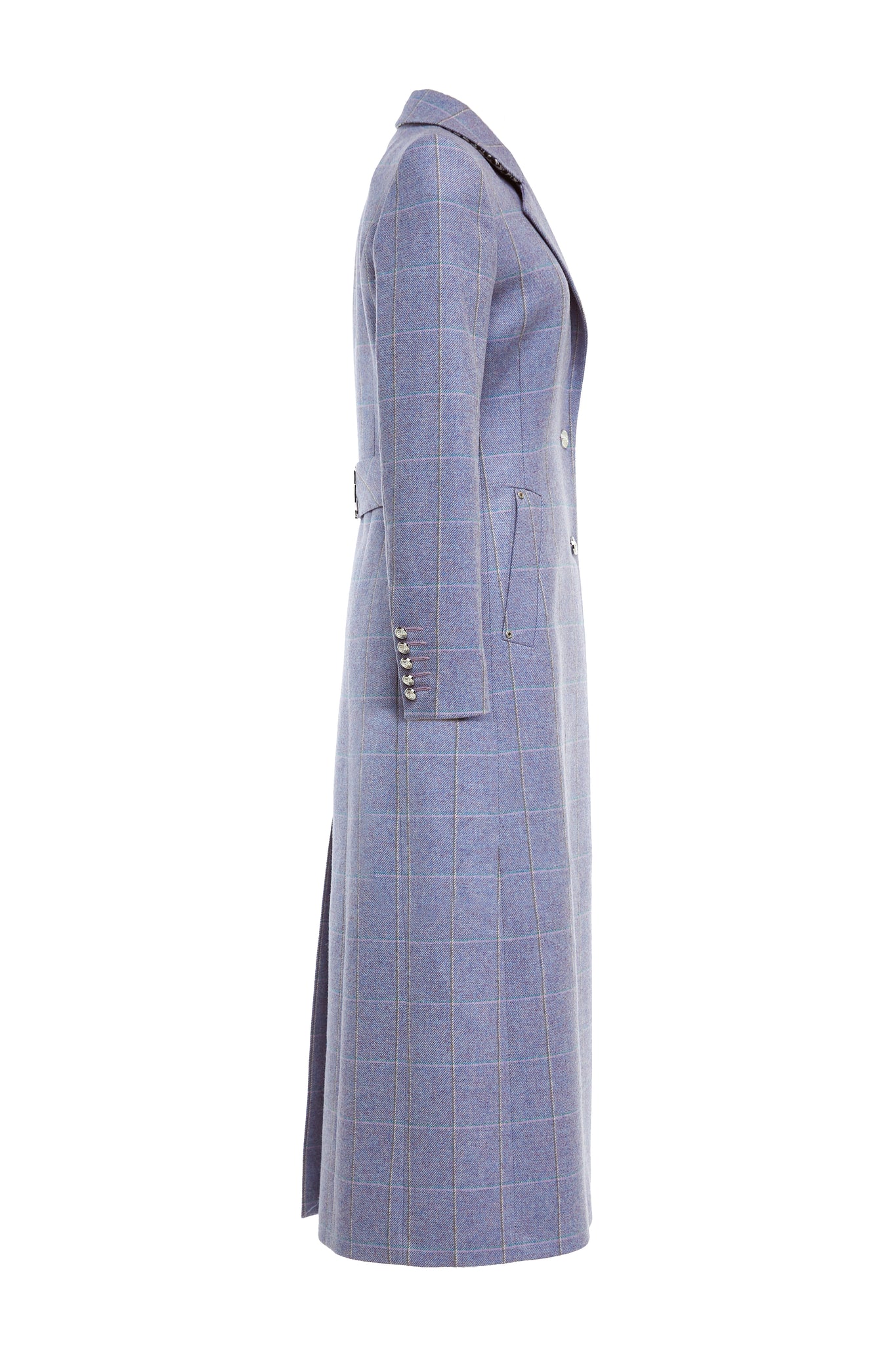 side womens purple, grey and blue check single breasted full length wool coat