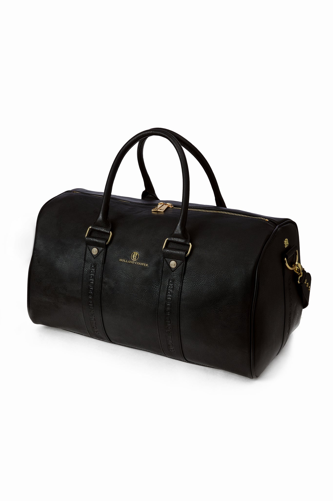 womens black faux leather travel holdall with gold hardware 