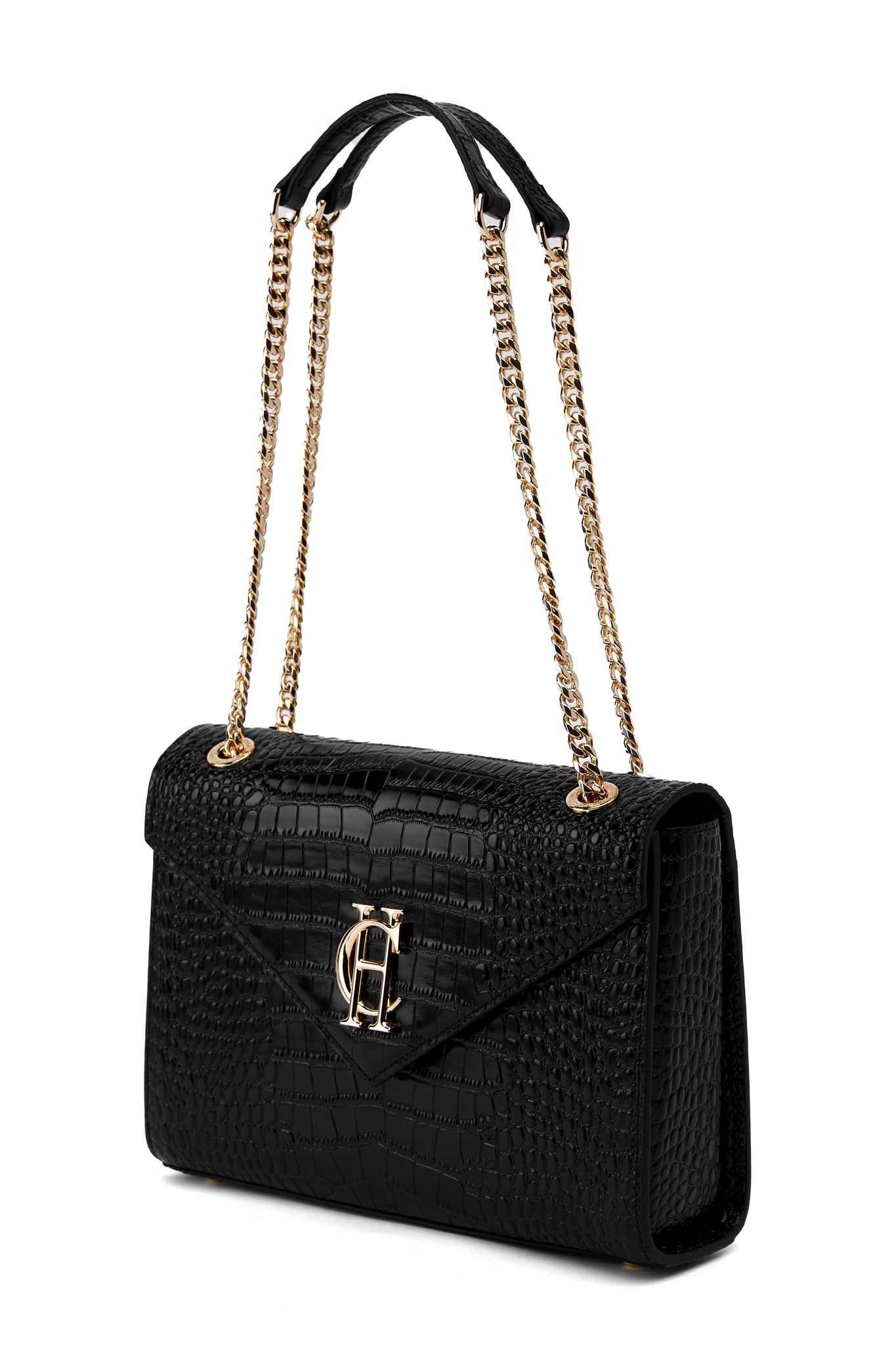 womens black croc embossed leather shoulder bag with gold hardware and chain