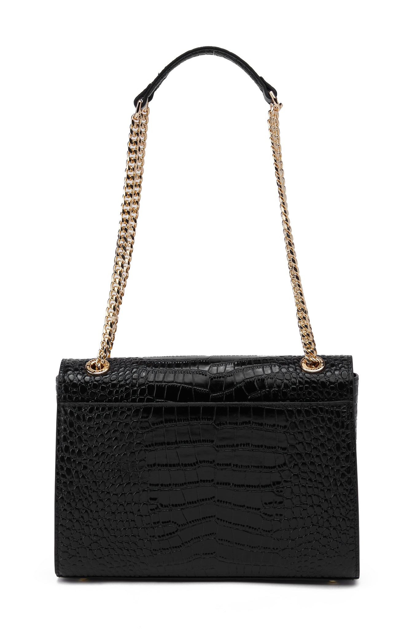 back womens black croc embossed leather shoulder bag with gold hardware and chain