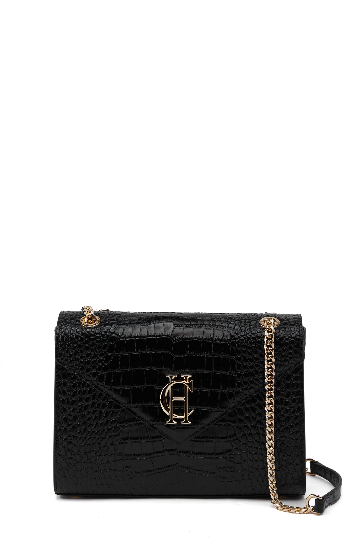 front of black croc embossed leather shoulder bag with gold hardware and chain