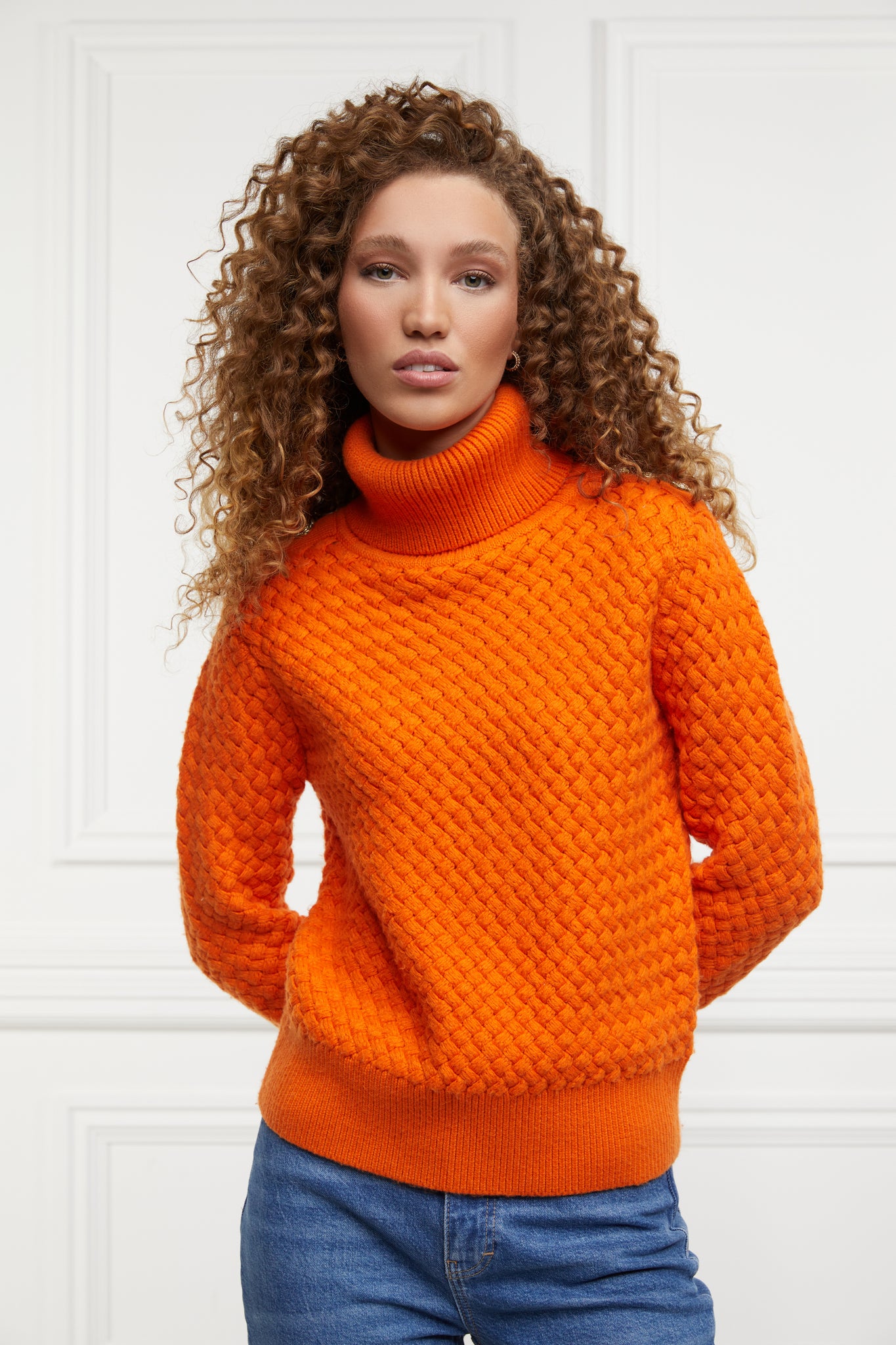 womens lightweight roll neck basket weave knit jumper in orange