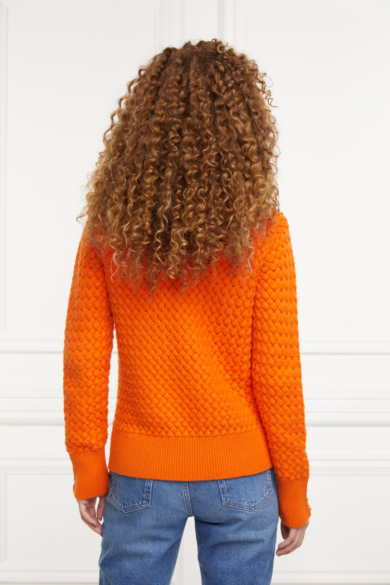 back of womens lightweight roll neck basket weave knit jumper in orange