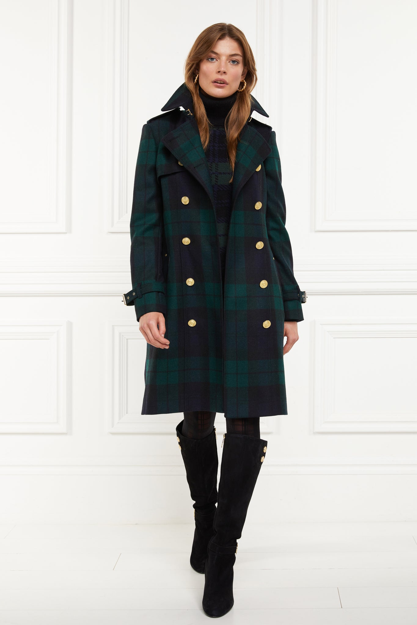 womens blackwatch tartan detailed with gold hardware knee length wool trench coat