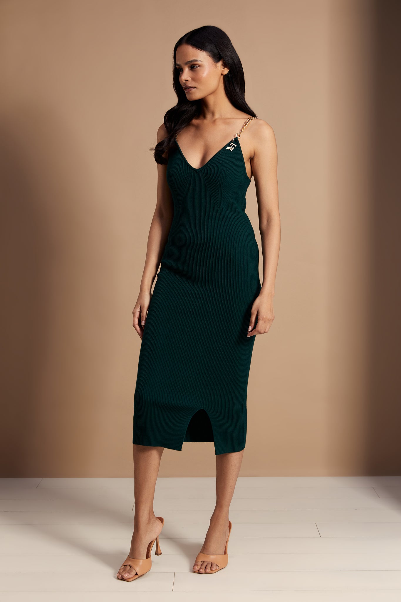 womens emerald ribbed v neck midi dress with gold chain straps