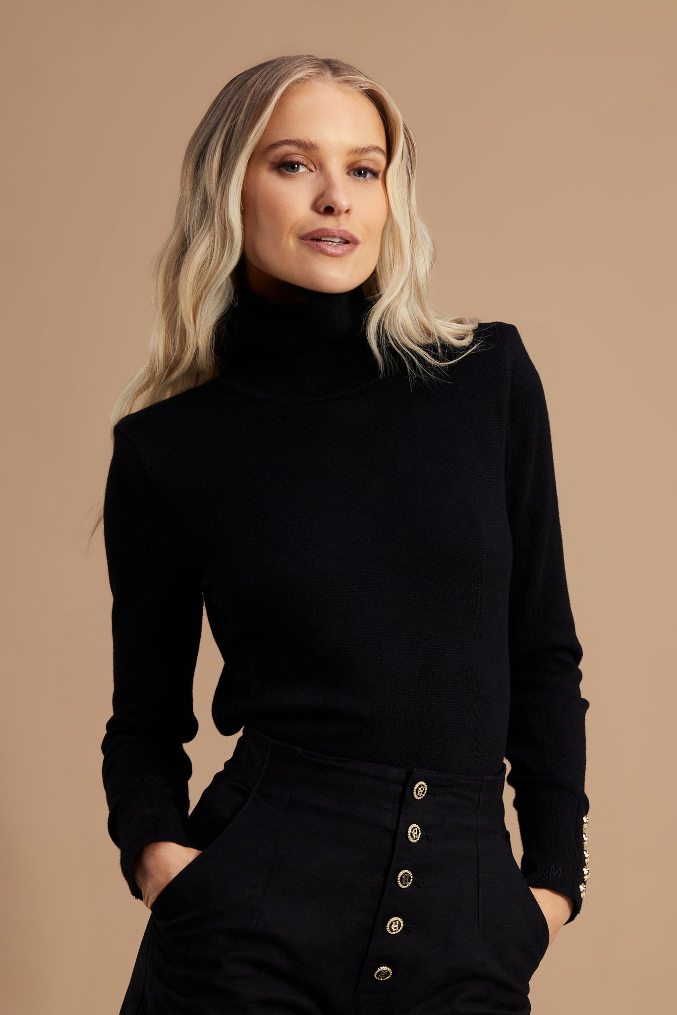 cashmere blend lightweight Roll neck knit in black with shoulder pads 