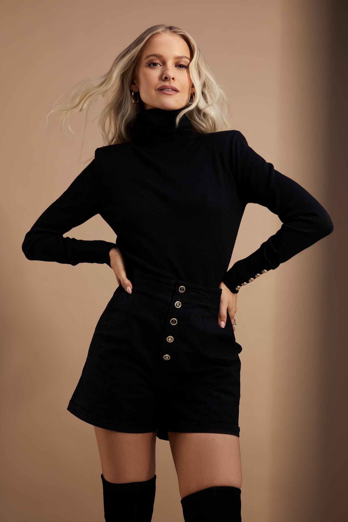 cashmere blend lightweight Roll neck knit in black with shoulder pads 
