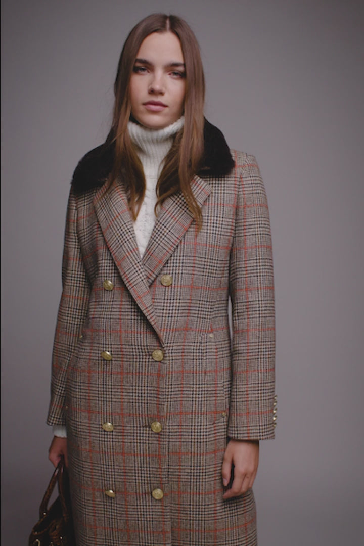 womens brown and orange tartan double breasted mid-length tweed wool coat with brown shearling collar