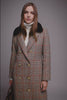 womens brown and orange tartan double breasted mid-length tweed wool coat with brown shearling collar
