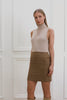 fitted lightweight sleeveless rollneck knit in camel with gold button detail across shoulders