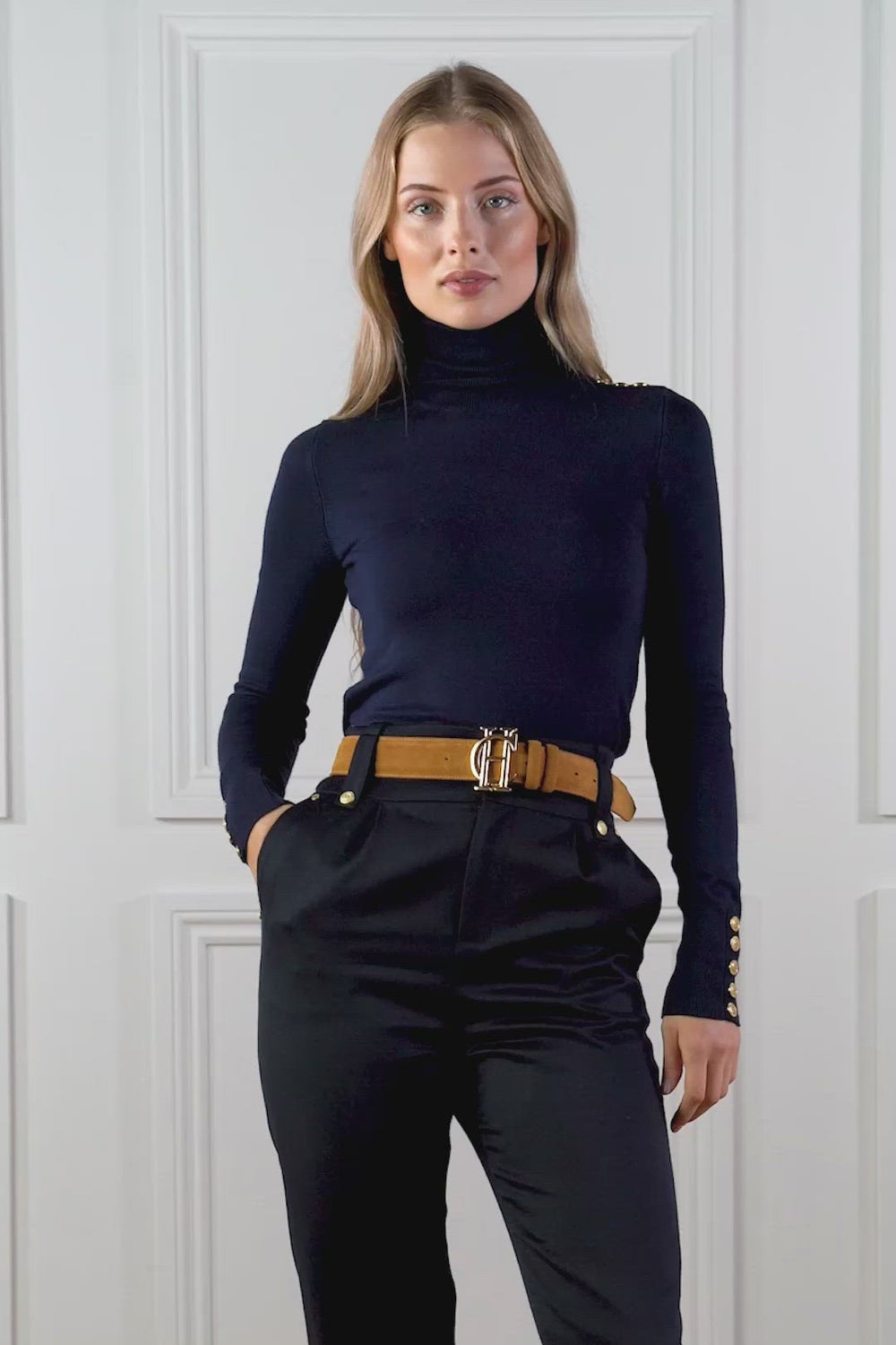 super soft lightweight jumper in navy with ribbed roll neck collar, cuffs and hem