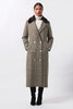 womens brown and orange tartan double breasted mid-length tweed wool coat with brown shearling collar