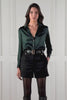 360 view of womens long sleeve dark green silk v neck blouse with gold buttons