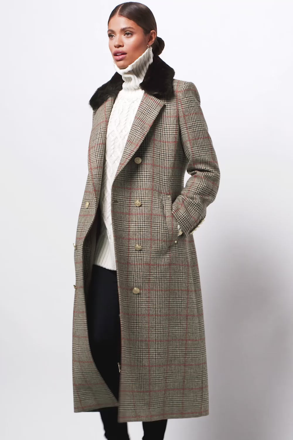 womens brown and orange tartan double breasted mid-length tweed wool coat with brown shearling collar