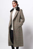 womens brown and orange tartan double breasted mid-length tweed wool coat with brown shearling collar