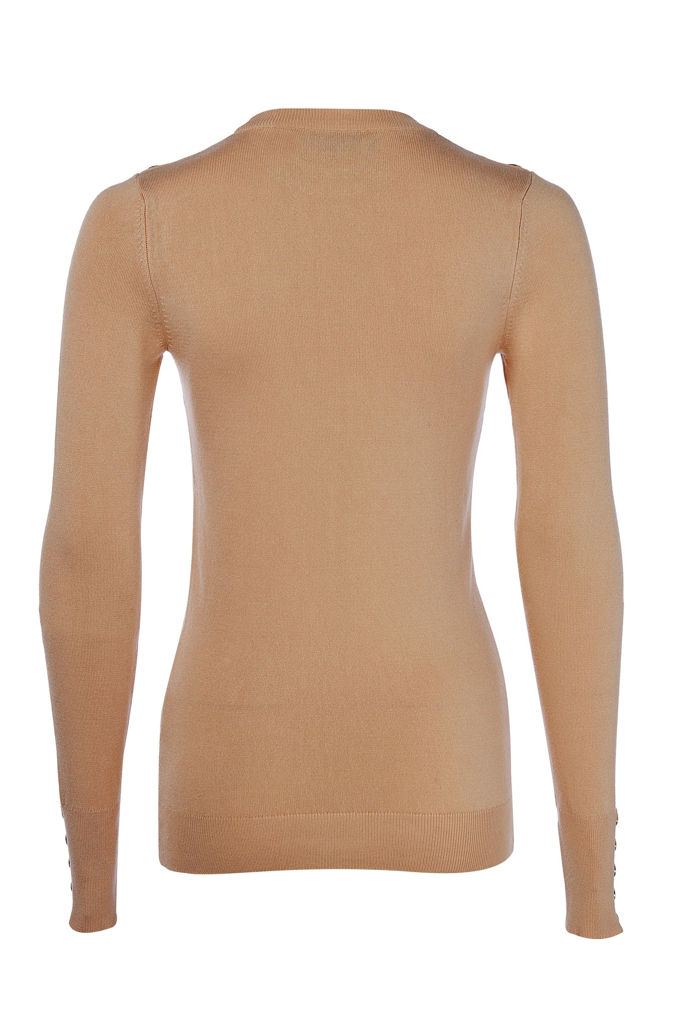back of super soft lightweight jumper in dark camel with ribbed crew neck collar, cuffs and hem and gold button detail across shoulders and cuffs