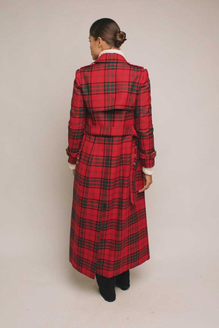 womens red green tartan double breasted full length wool trench coat