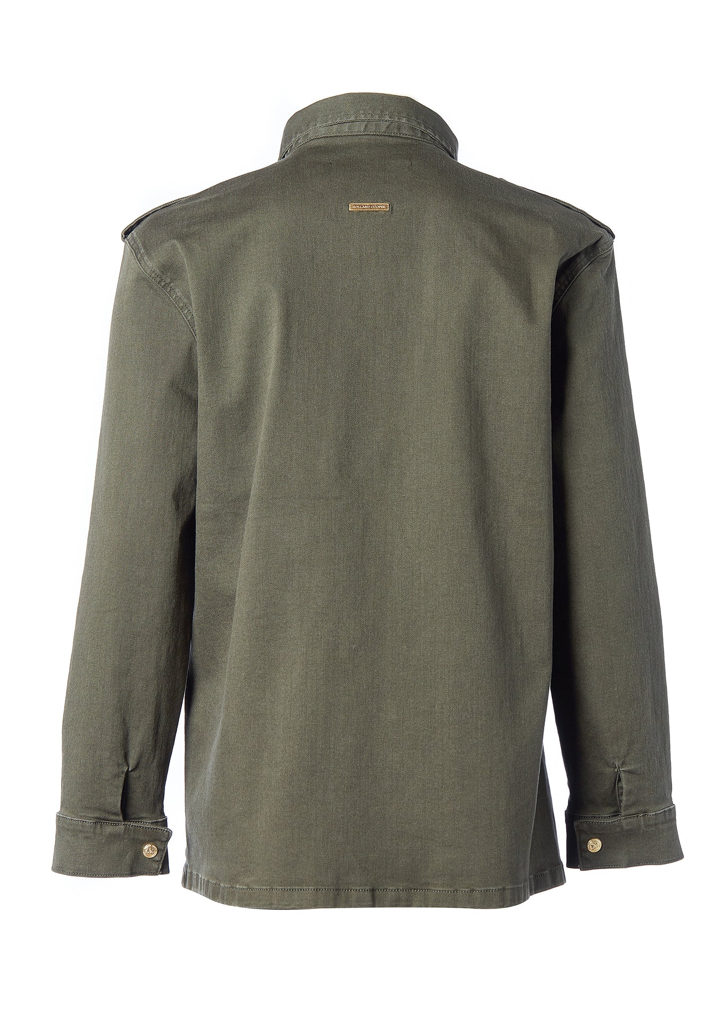 back of Relaxed fit collared artillery style jacket in khaki with four pockets two chest ones being box pleated  and two hip being patch pockets with gold jean button fastenings adjustable long sleeves and epaulette shoulder detail