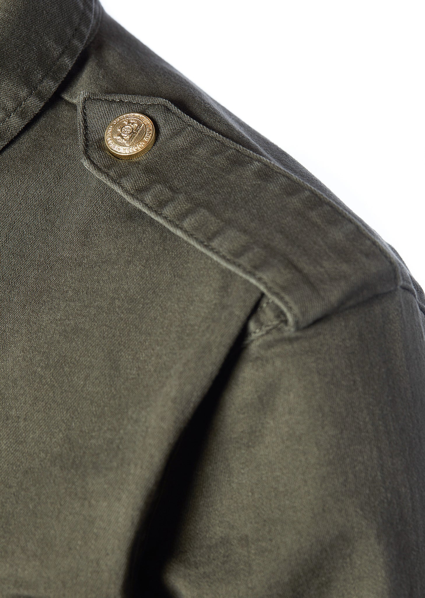 epaulette detail on Relaxed fit collared artillery style jacket in khaki with four pockets two chest ones being box pleated  and two hip being patch pockets with gold jean button fastenings adjustable long sleeves and epaulette shoulder detail