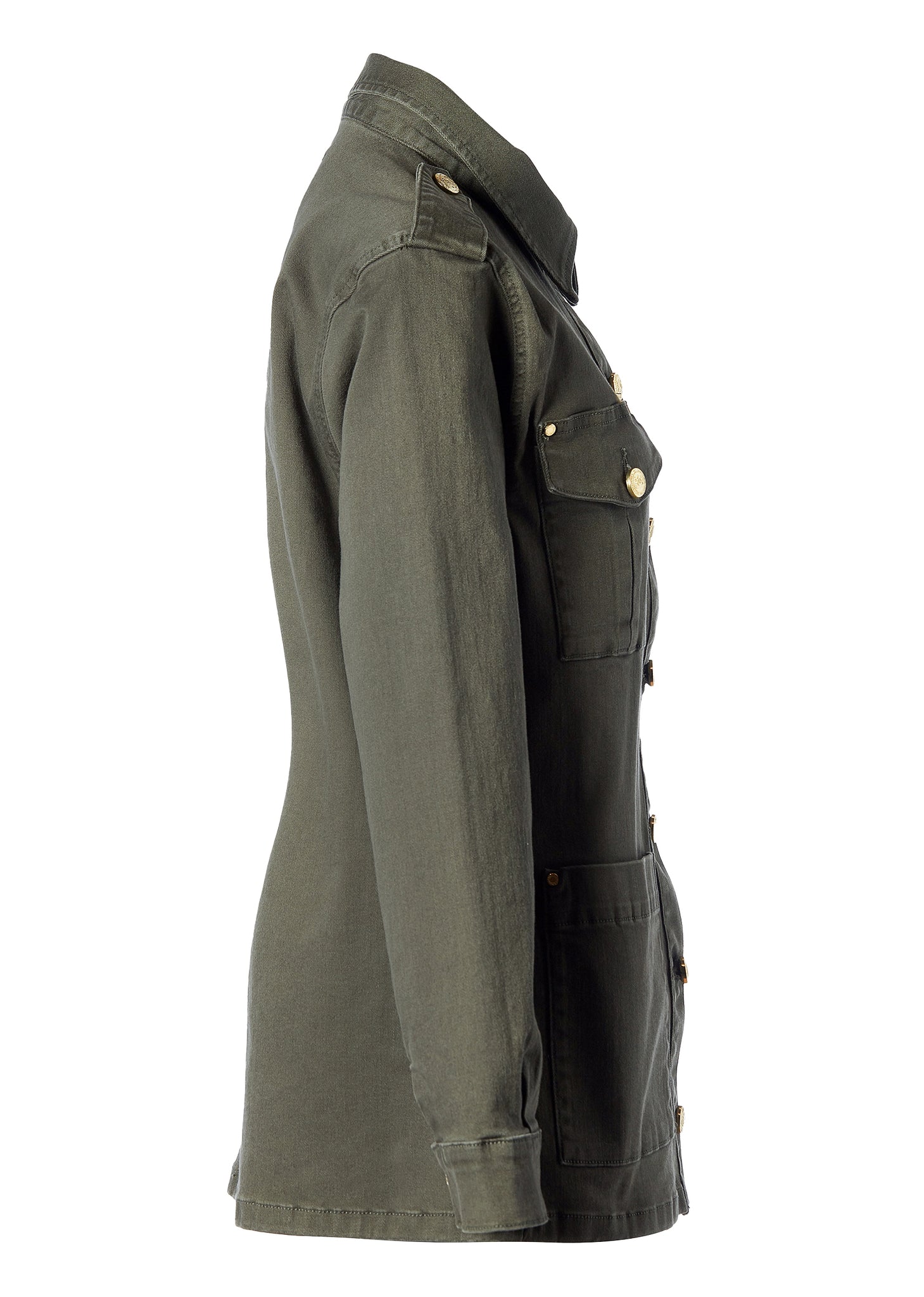 side of Relaxed fit collared artillery style jacket in khaki with four pockets two chest ones being box pleated  and two hip being patch pockets with gold jean button fastenings adjustable long sleeves and epaulette shoulder detail