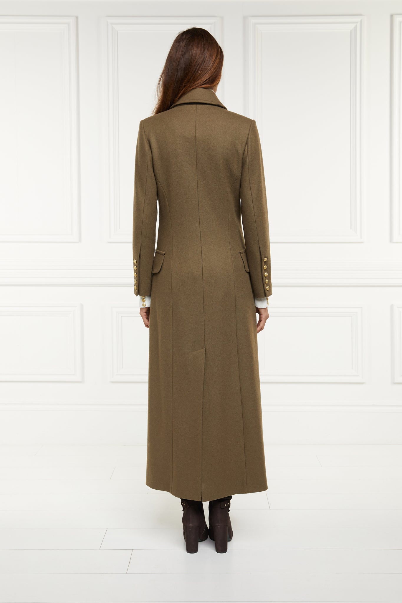 back of Womens khaki knee length wool military double breasted coat