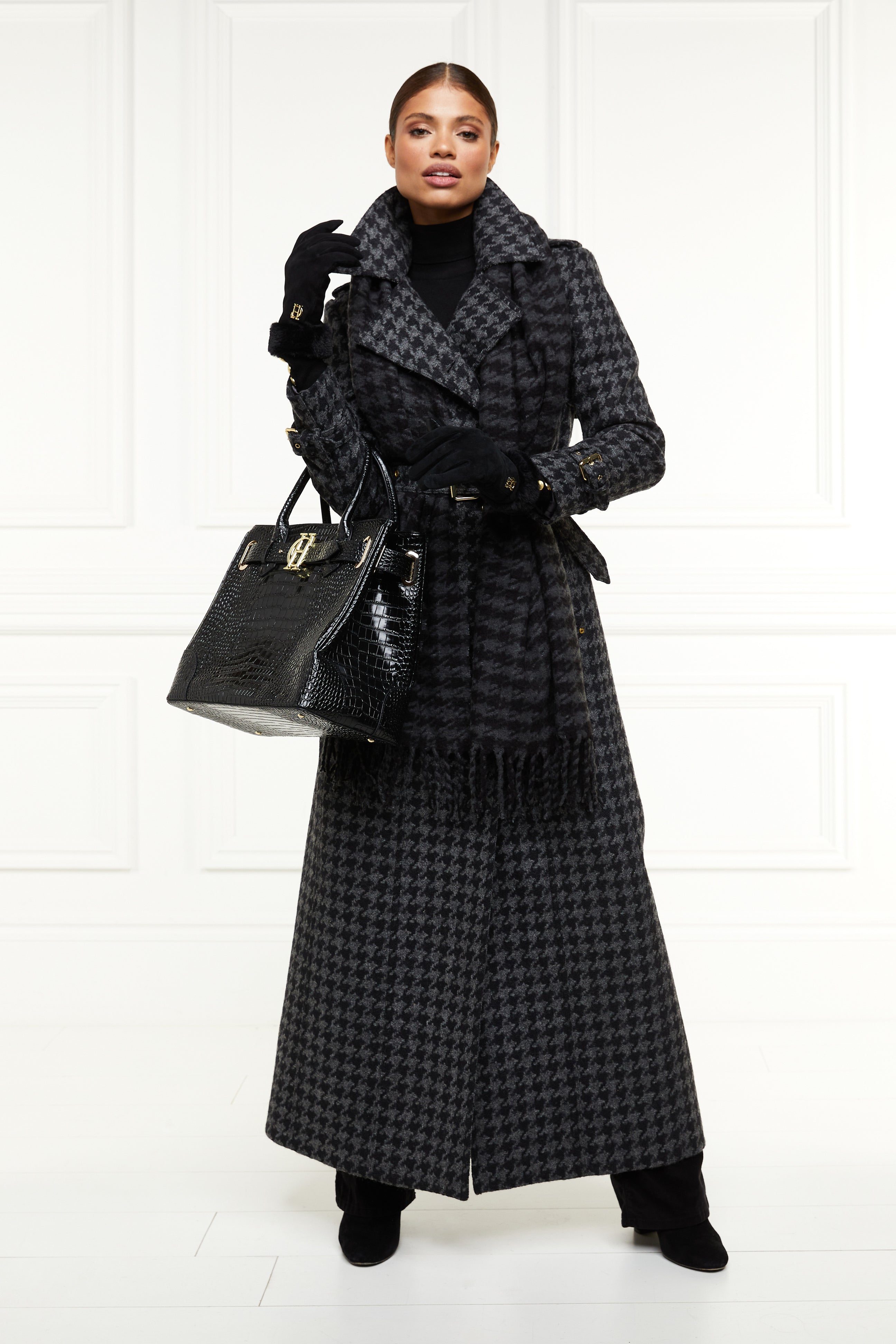 Full Length Chelsea Trench Coat (Large Scale Charcoal Houndstooth ...