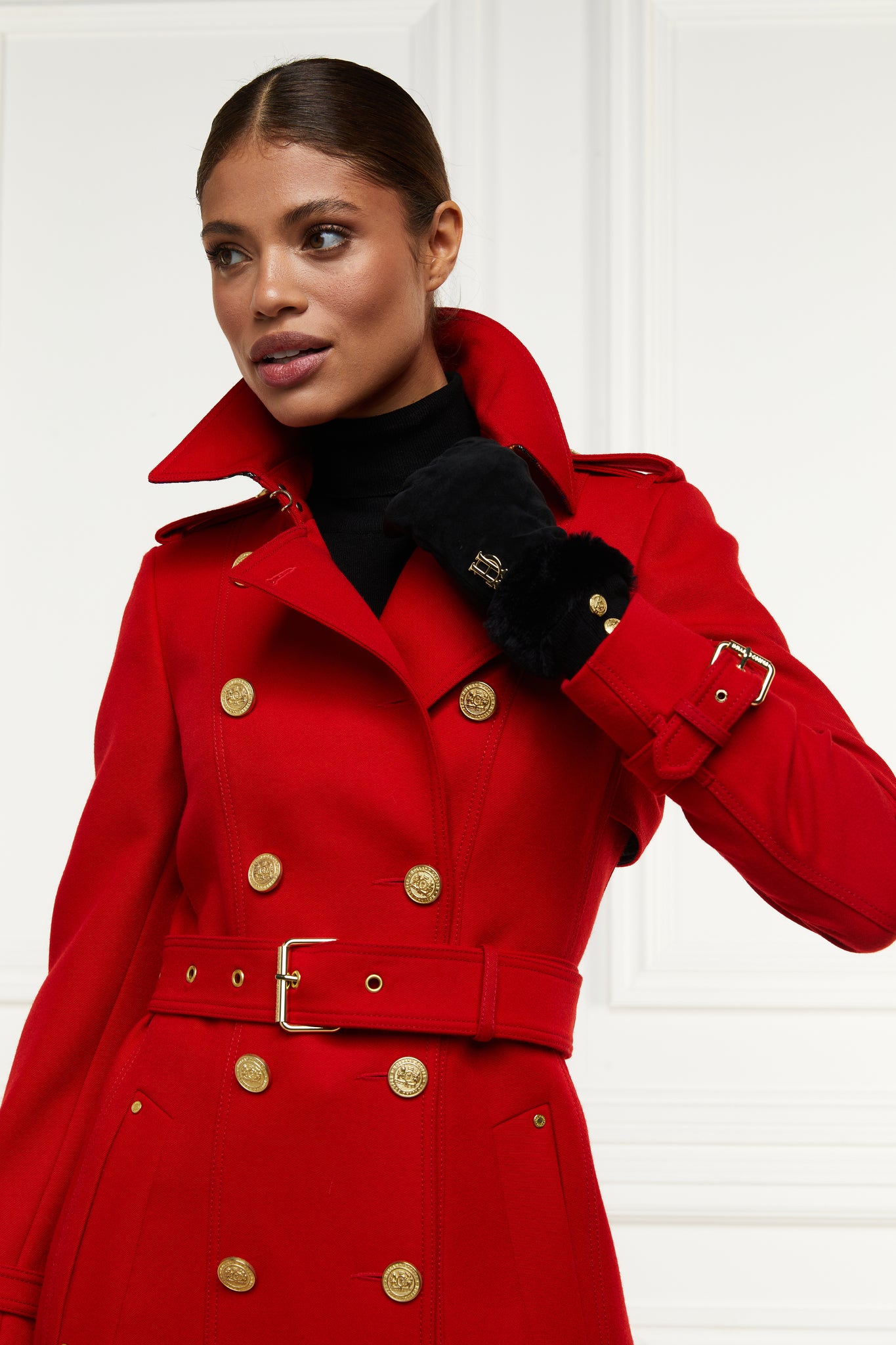 womens red double breasted full length wool trench coat with black suede and faux fur trim cuff gloves
