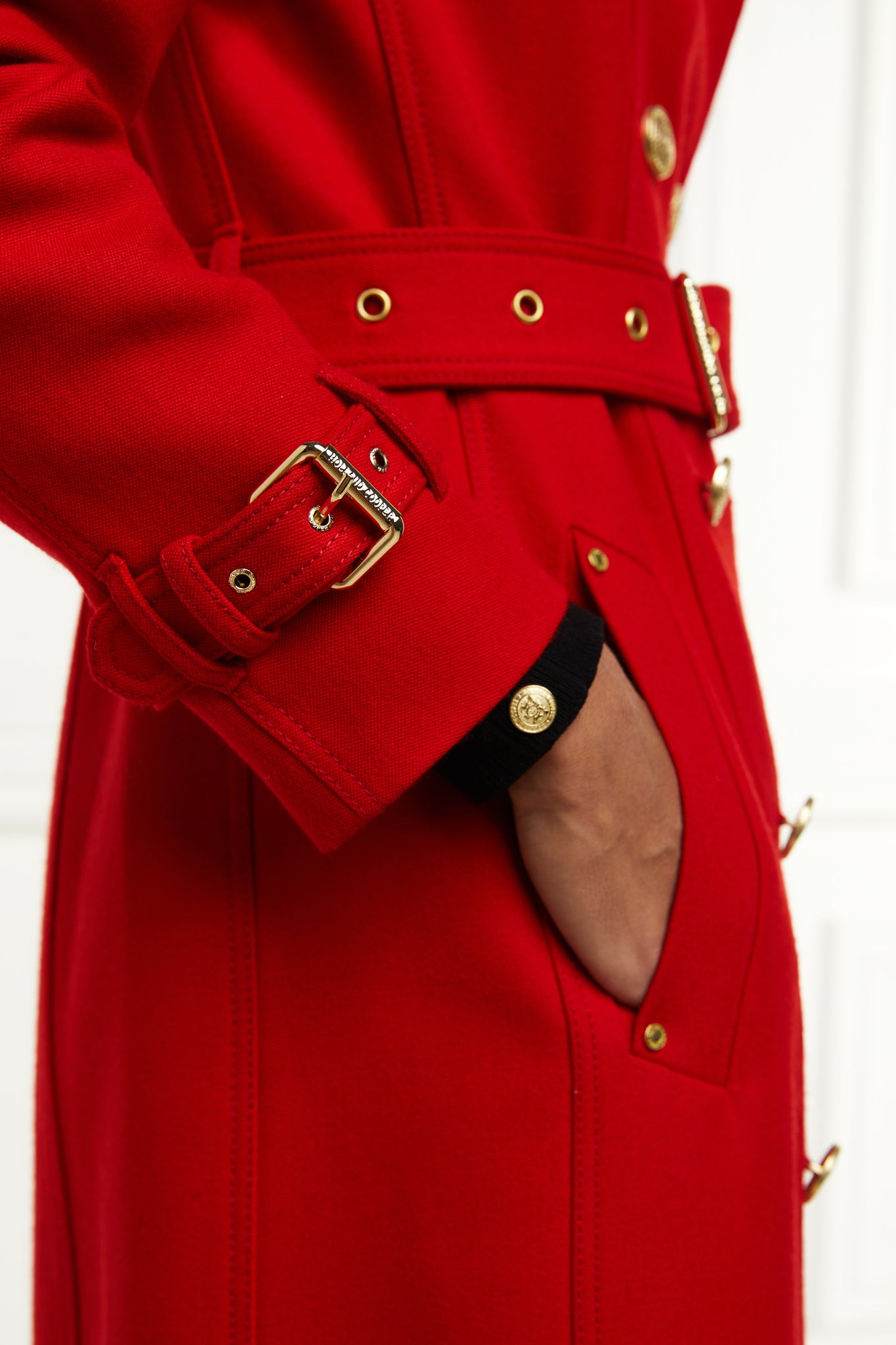 sleeve detail on womens red double breasted full length wool trench coat