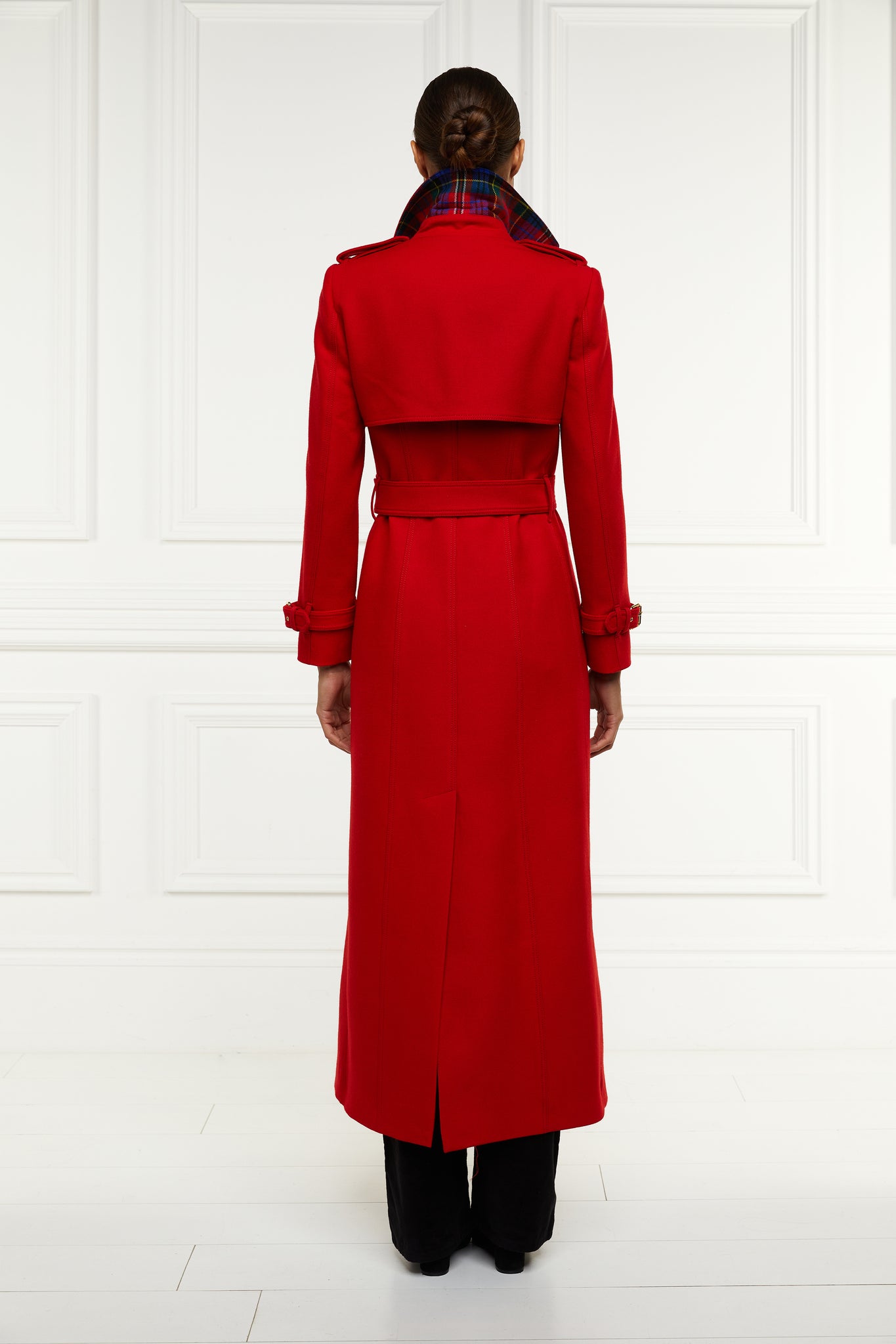 back of womens red double breasted full length wool trench coat
