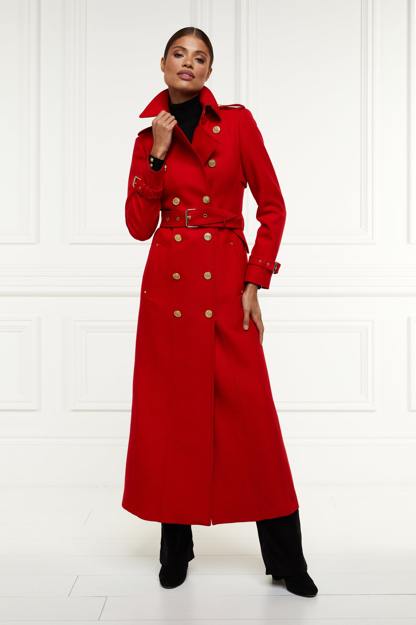 womens red double breasted full length wool trench coat