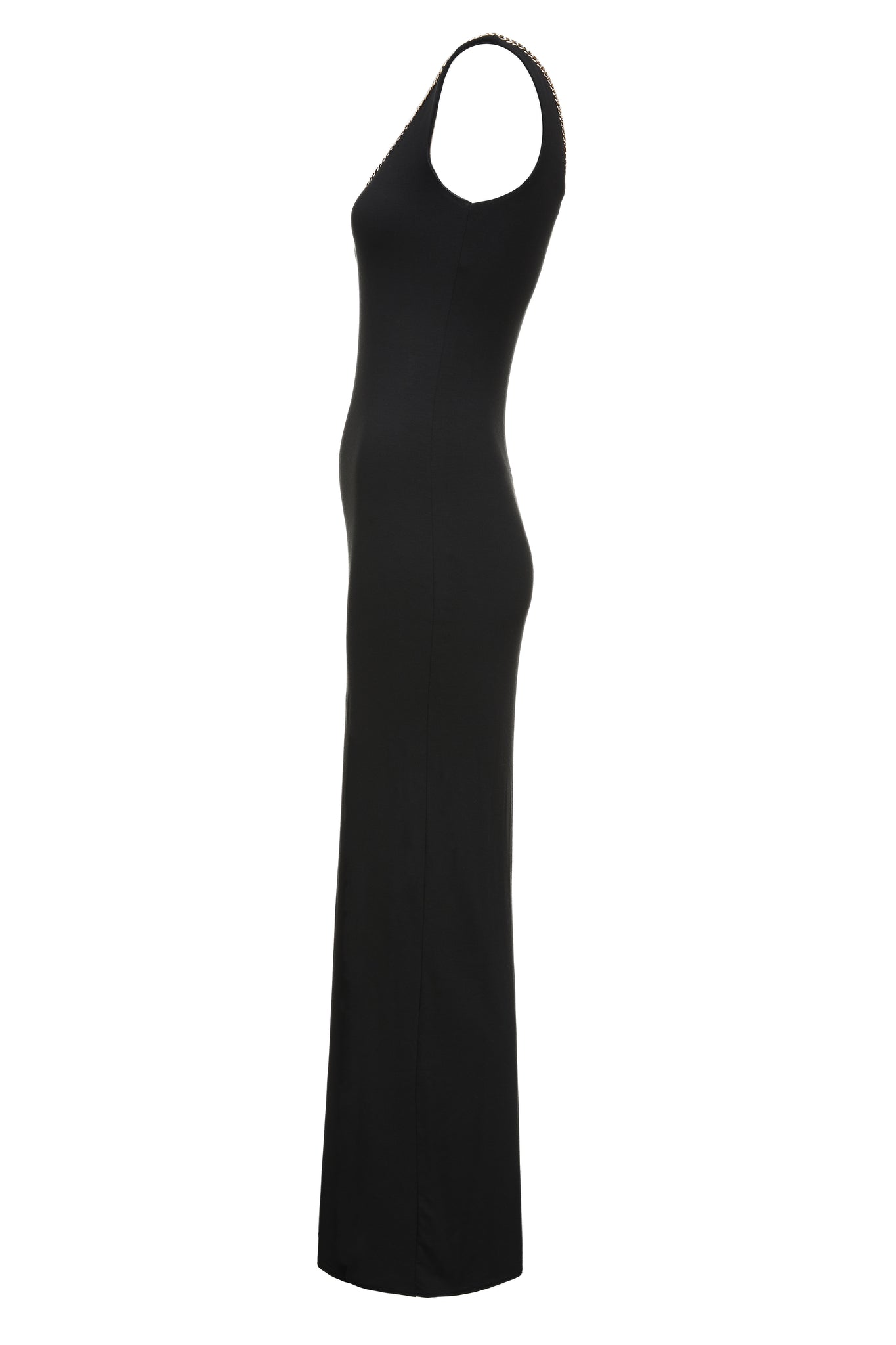 side shot of  womens black v neck maxi dress with gold chain