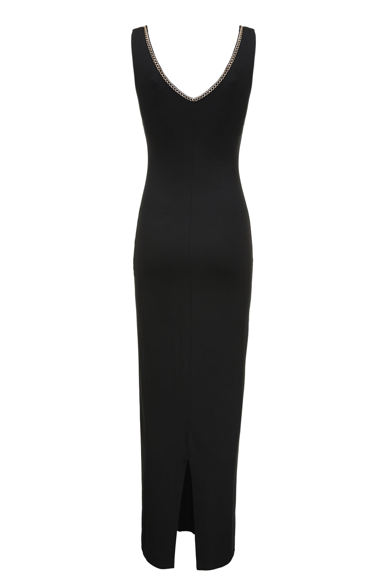 back shot of womens black v neck maxi dress with gold chain