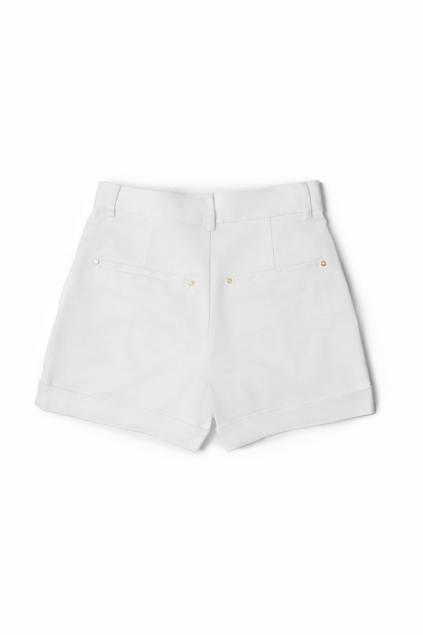 back of womens white high rise tailored shorts with decorative gold rivets that follow the pocket line in a sailor style with a turned up hem
