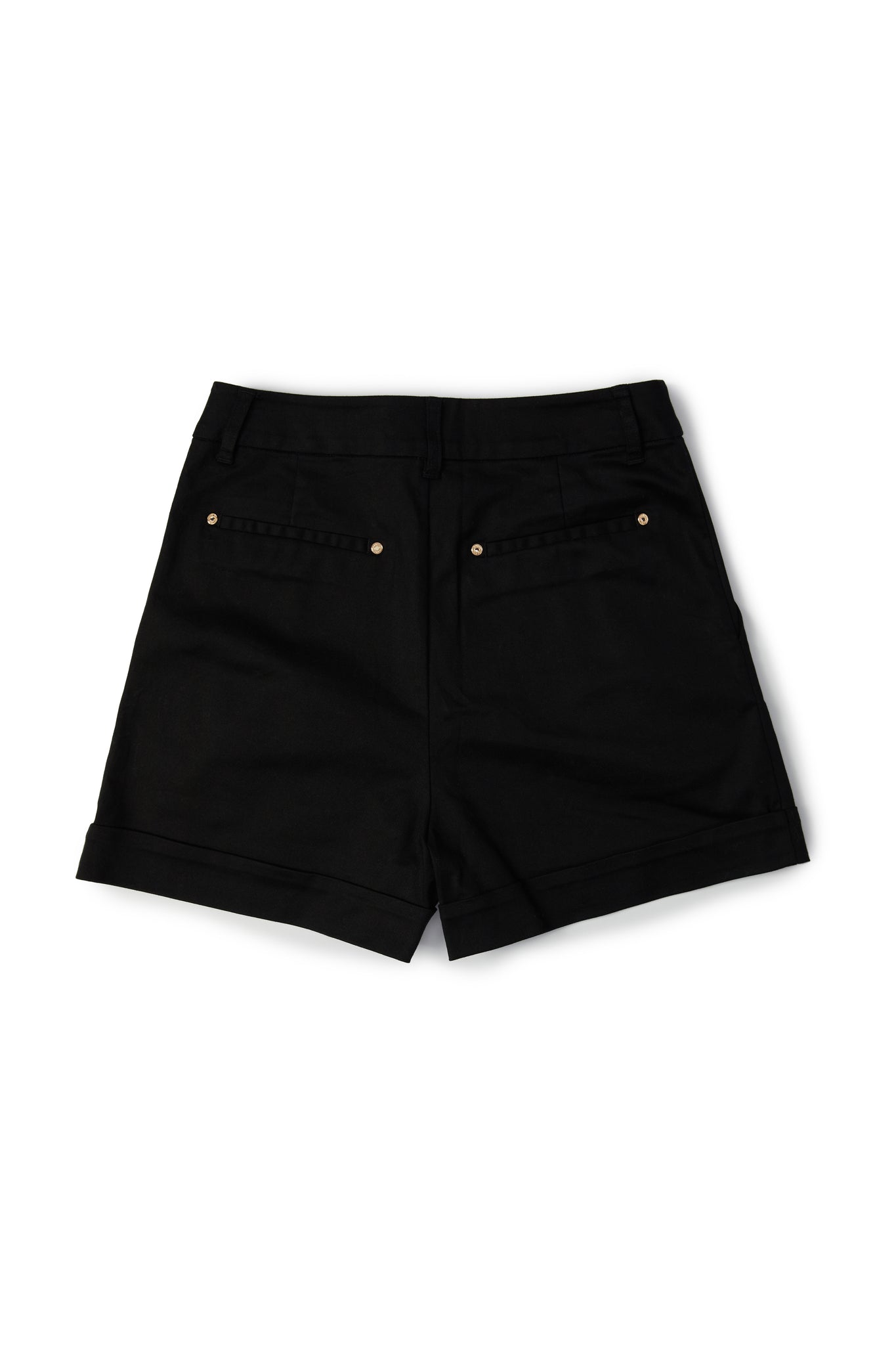 back of womens black high rise tailored shorts with decorative gold rivets that follow the pocket line in a sailor style with a turned up hem