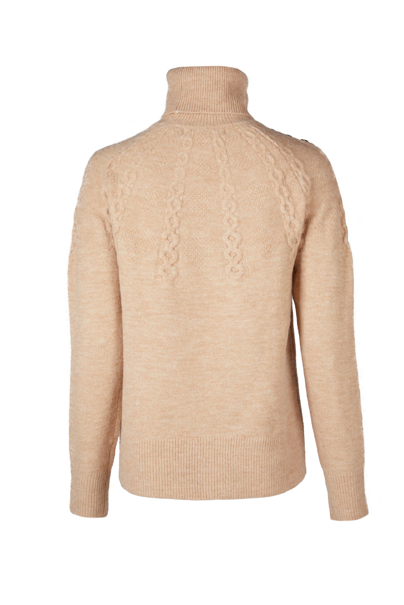 back of chunky knit roll neck jumper in camel with textured knit detailing and horn buttons across both shoulders