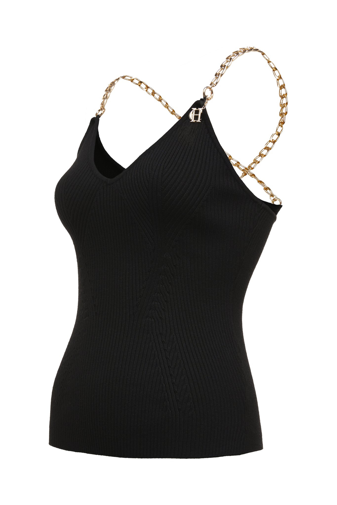 Side view of black knitted vest top with crossover gold chain straps detailed with small hc charm and v-neckline