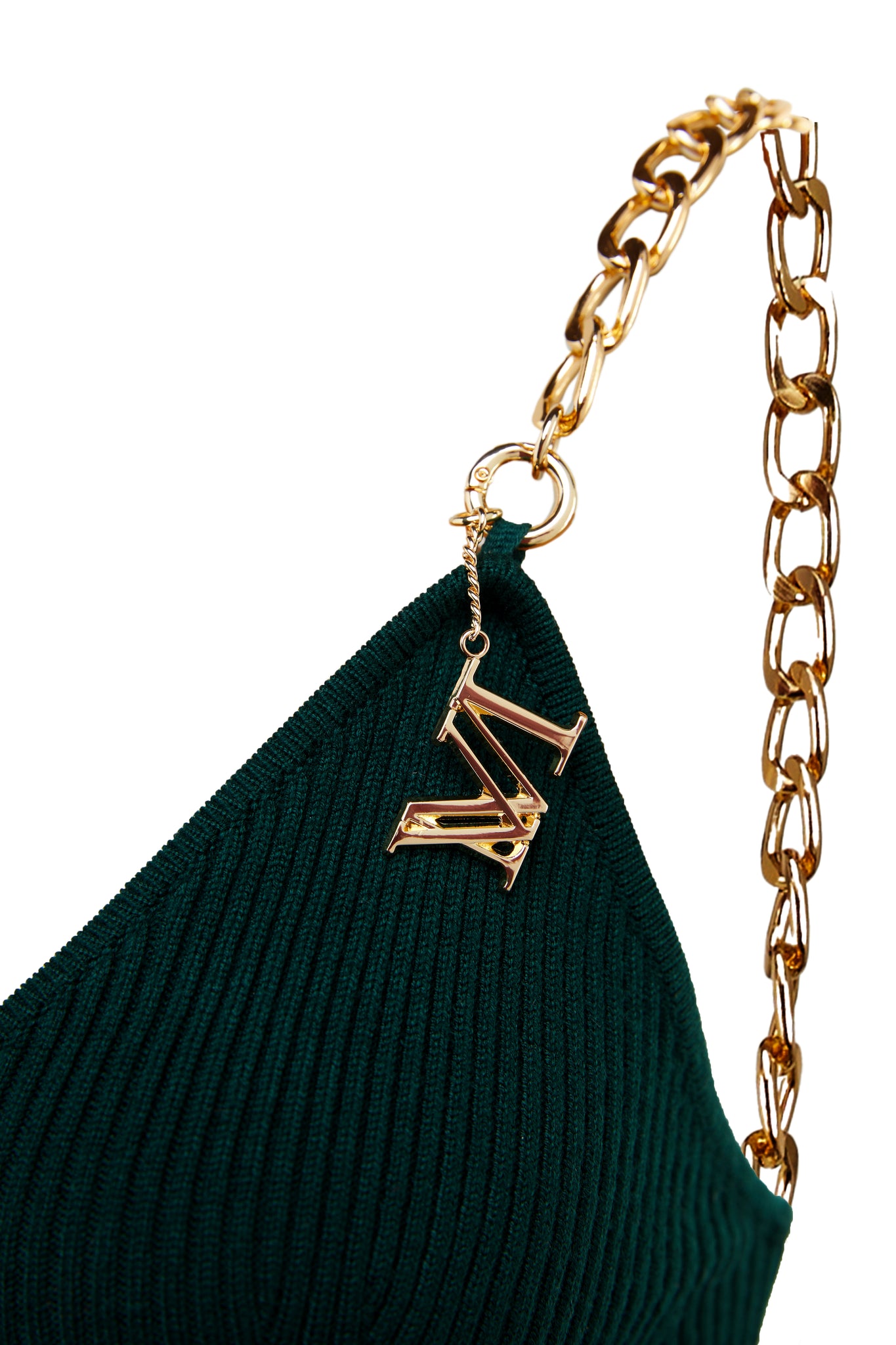 detailed shot of gold chain straps on womens emerald ribbed v neck midi dress