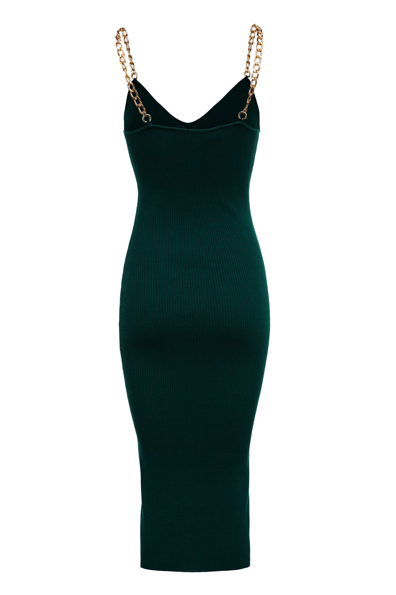 back shot of womens emerald ribbed v neck midi dress with gold chain straps