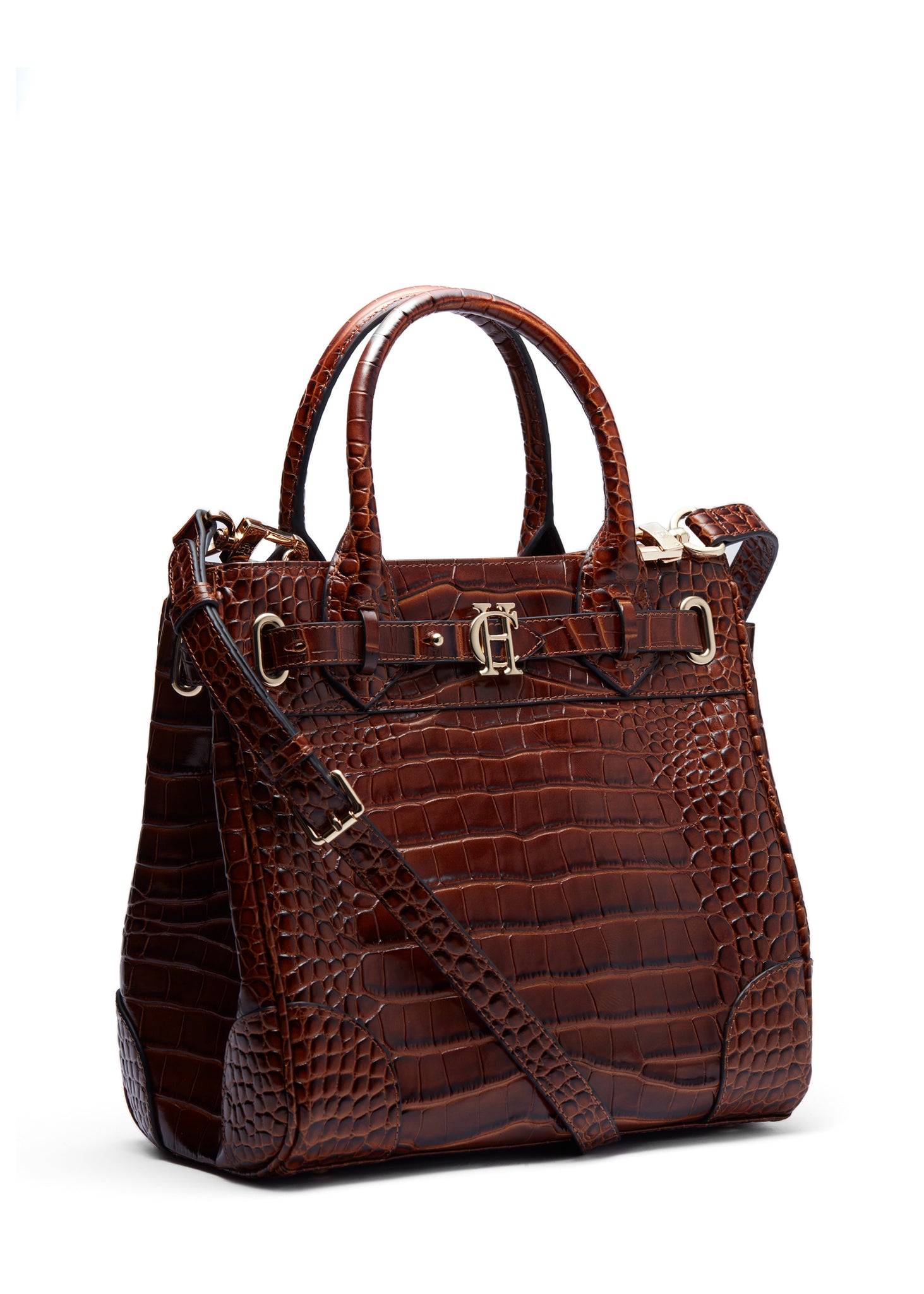 womens small dark brown croc embossed leather tote bag
