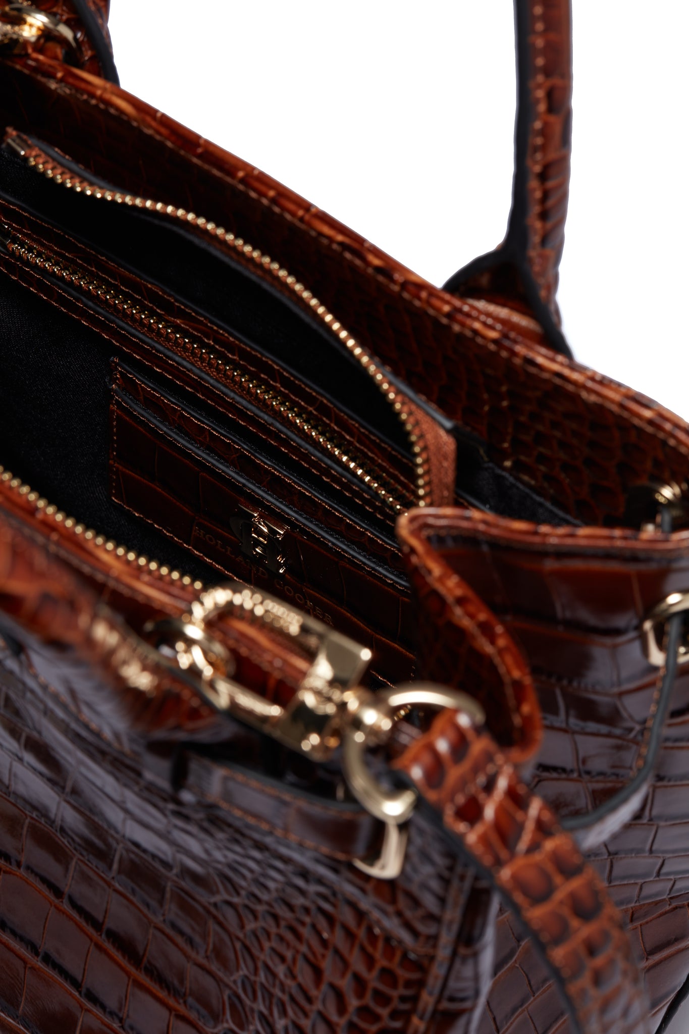internal card holder and zip pocket in small dark brown croc embossed leather tote bag