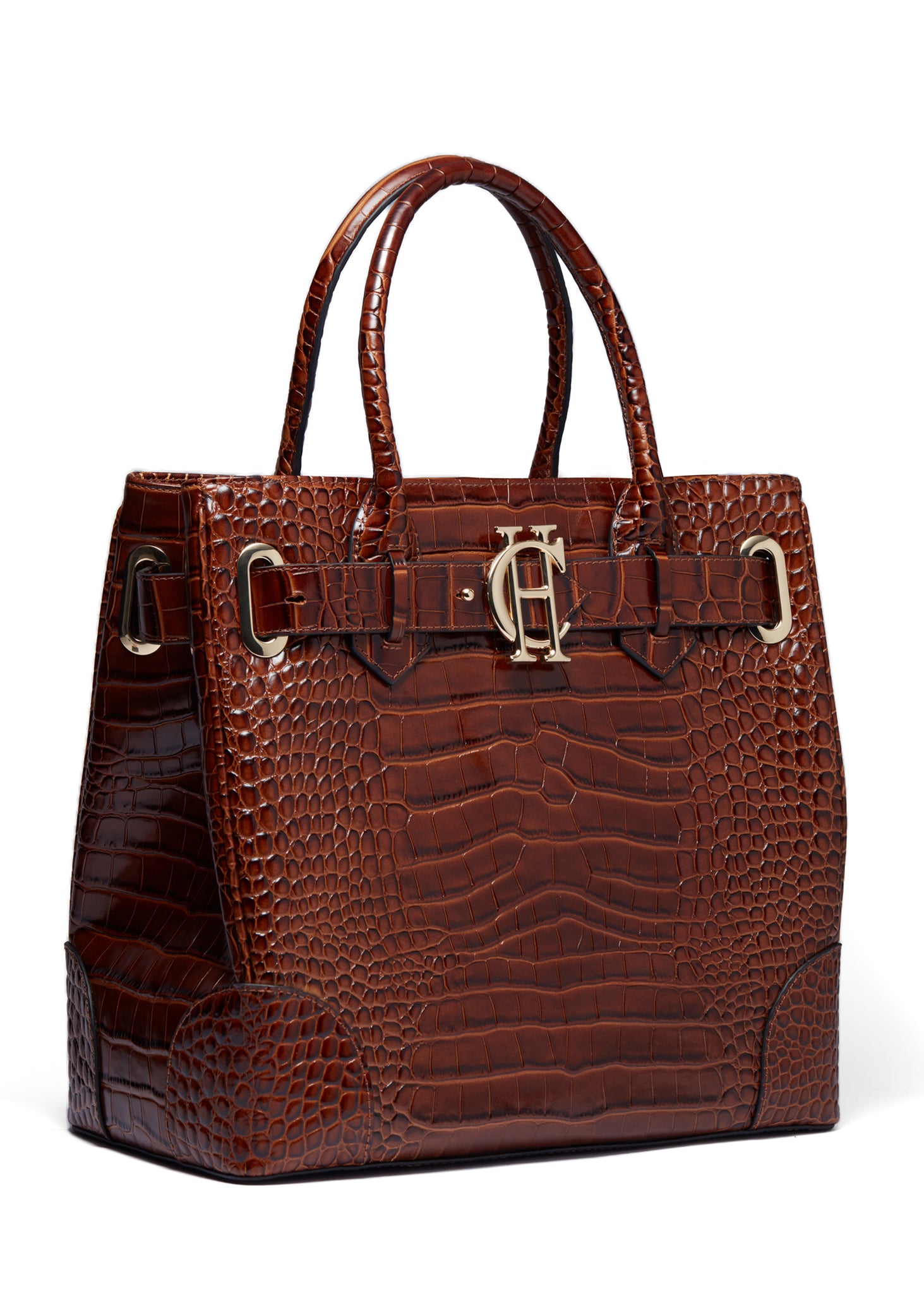 side of womens dark brown croc embossed leather tote bag with gold hardware
