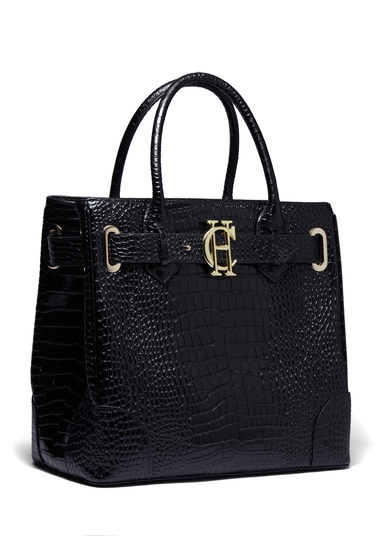 womens black croc embossed leather tote bag 