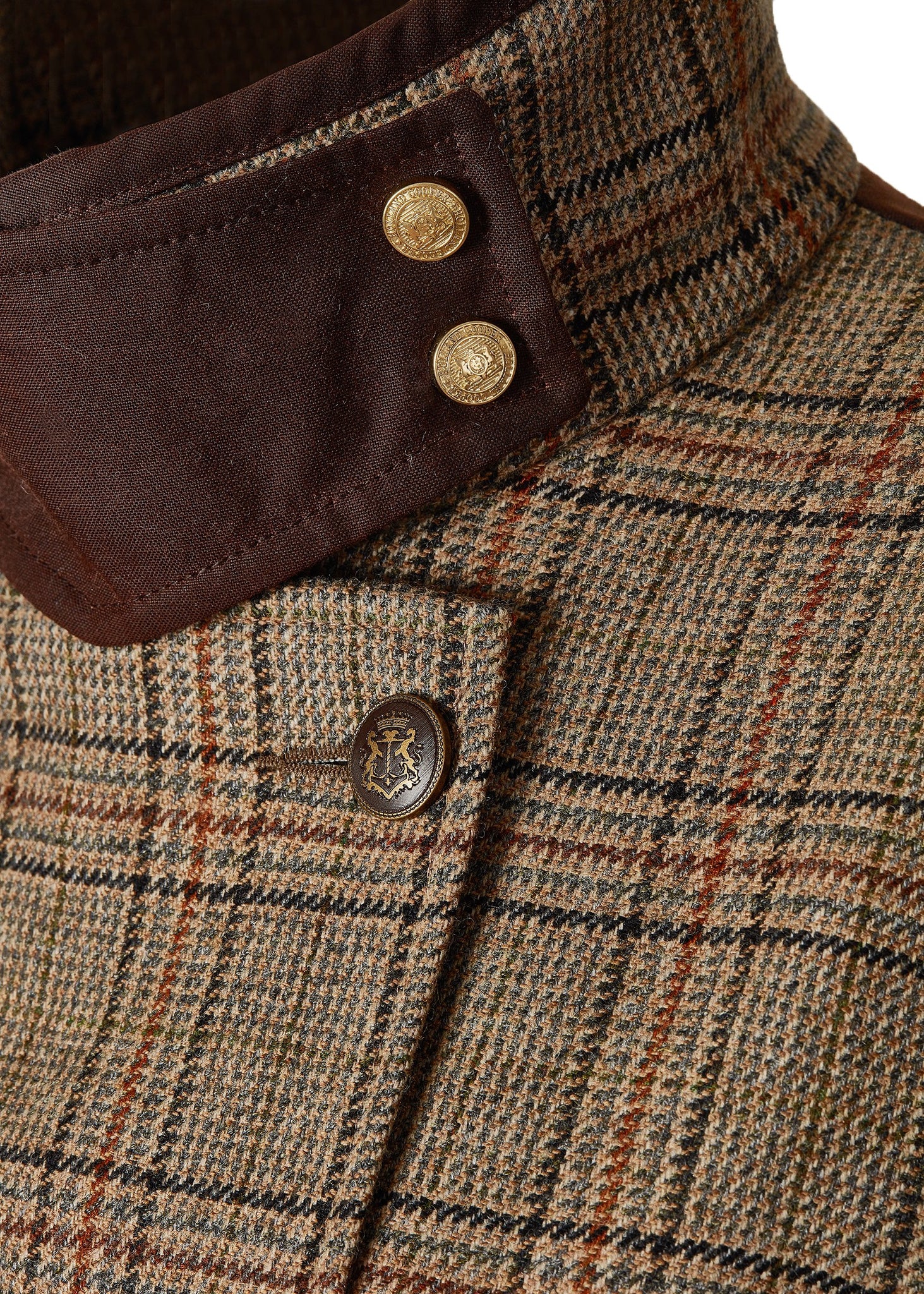 Front collar detail of womans brown tartan tweed field coat