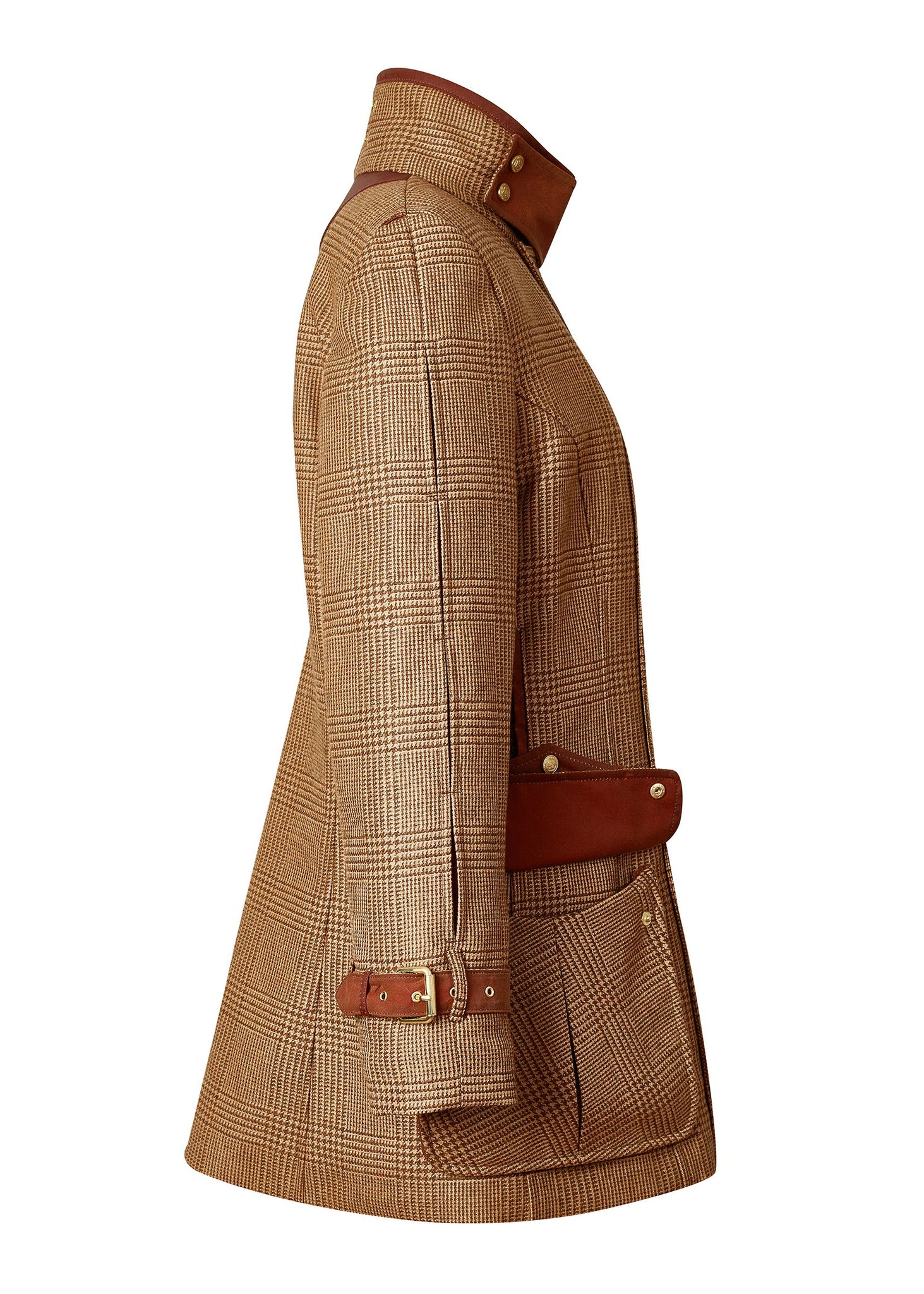 Side profile of tan brown tartan tweed field coat