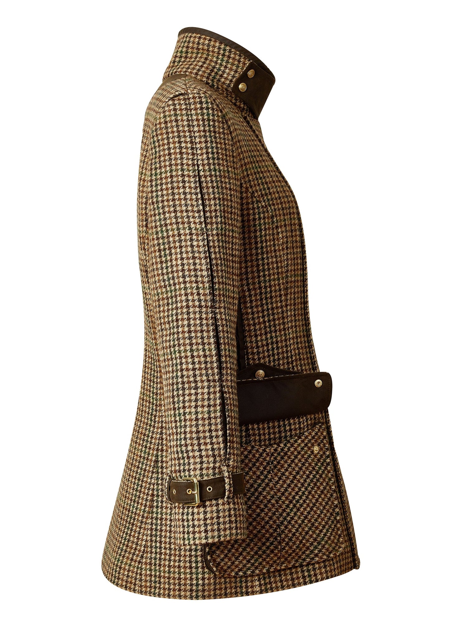 Side profile of green and brown tweed womens field coat