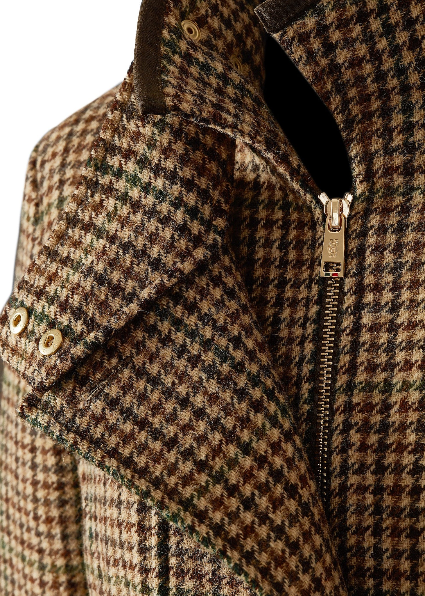 Open collar detail of green and brown tartan tweed womens field coat