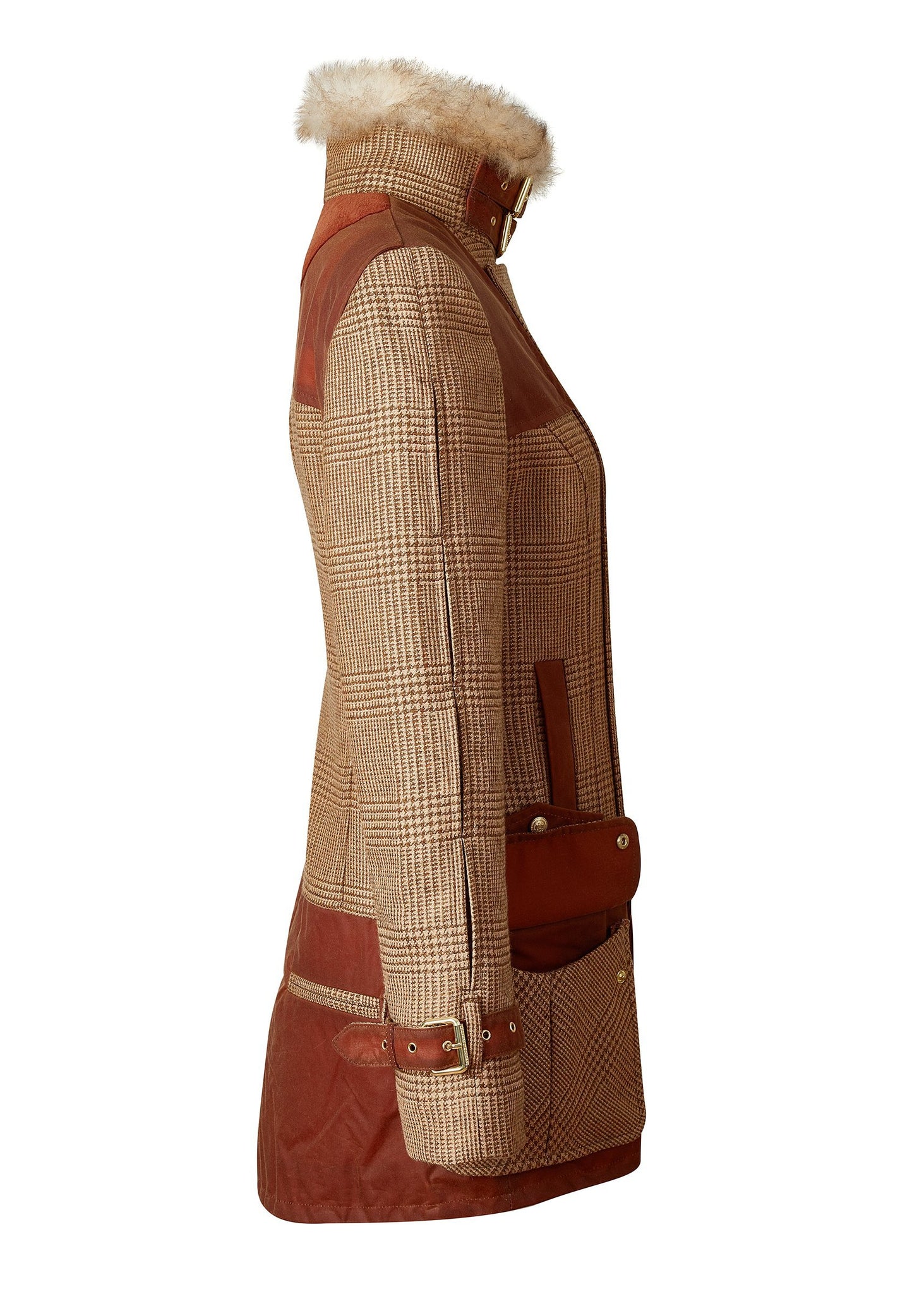 side of womens fitted field jacket in tawny and brown check tweed trimmed with contrast tan wax fabric on shoulder across back and on the hip with faux fur trim around the neck finished with horn button fastenings an buckles on the collar cuffs and hip