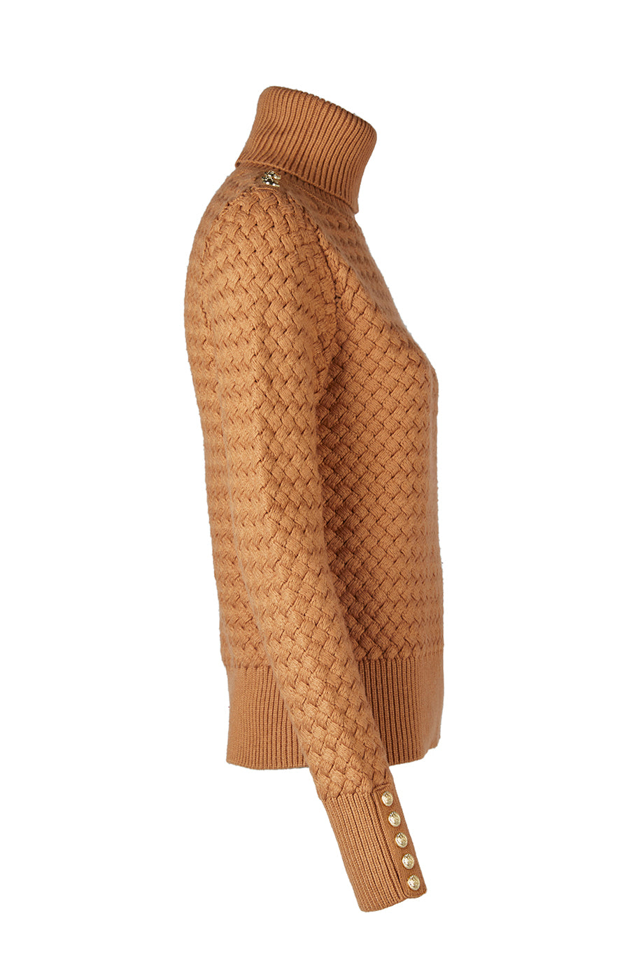 sife of womens lightweight roll neck basket weave knit jumper in caramel