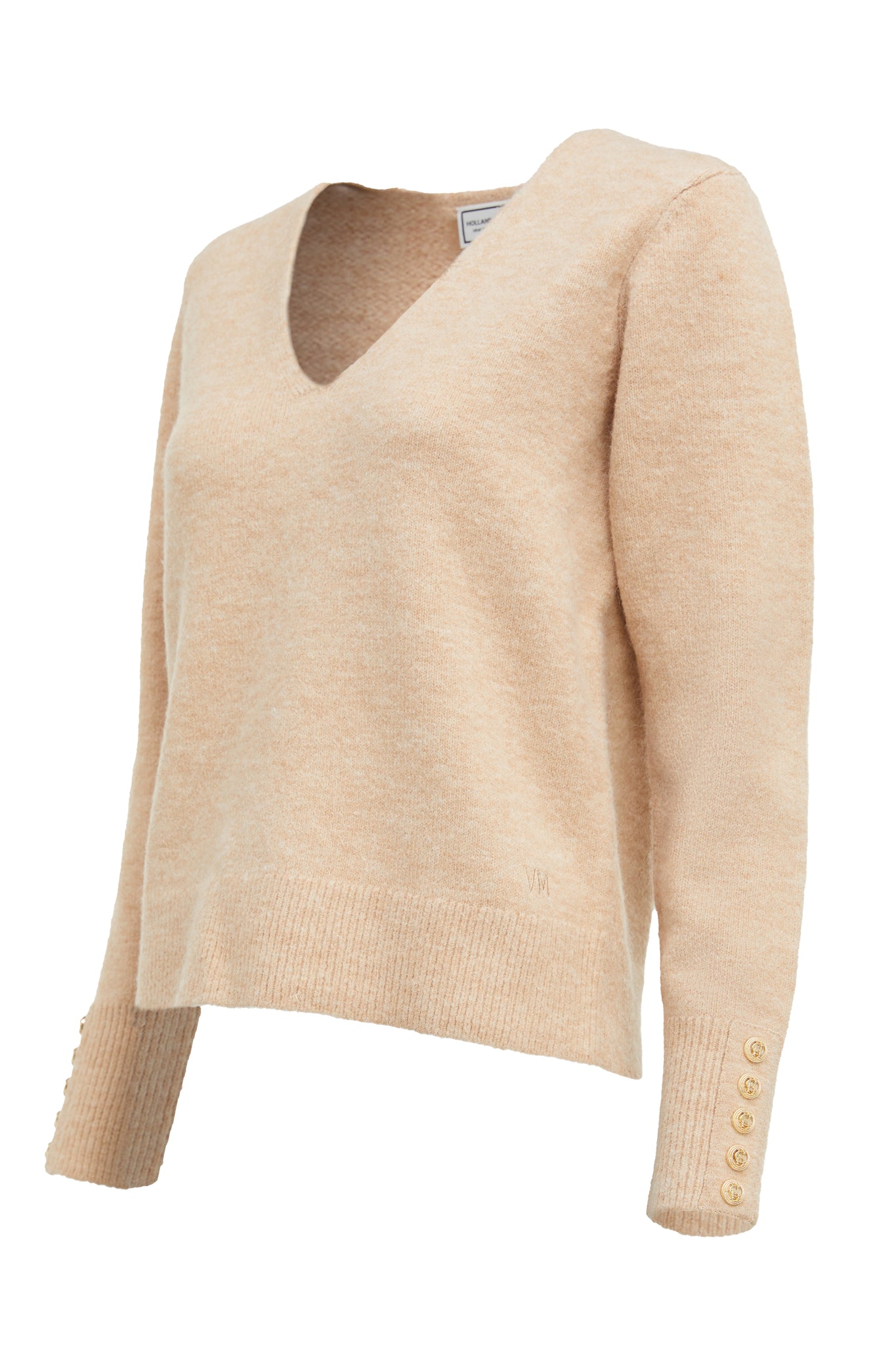 womens lightweight  v neck knit in stone with gold button cuffs